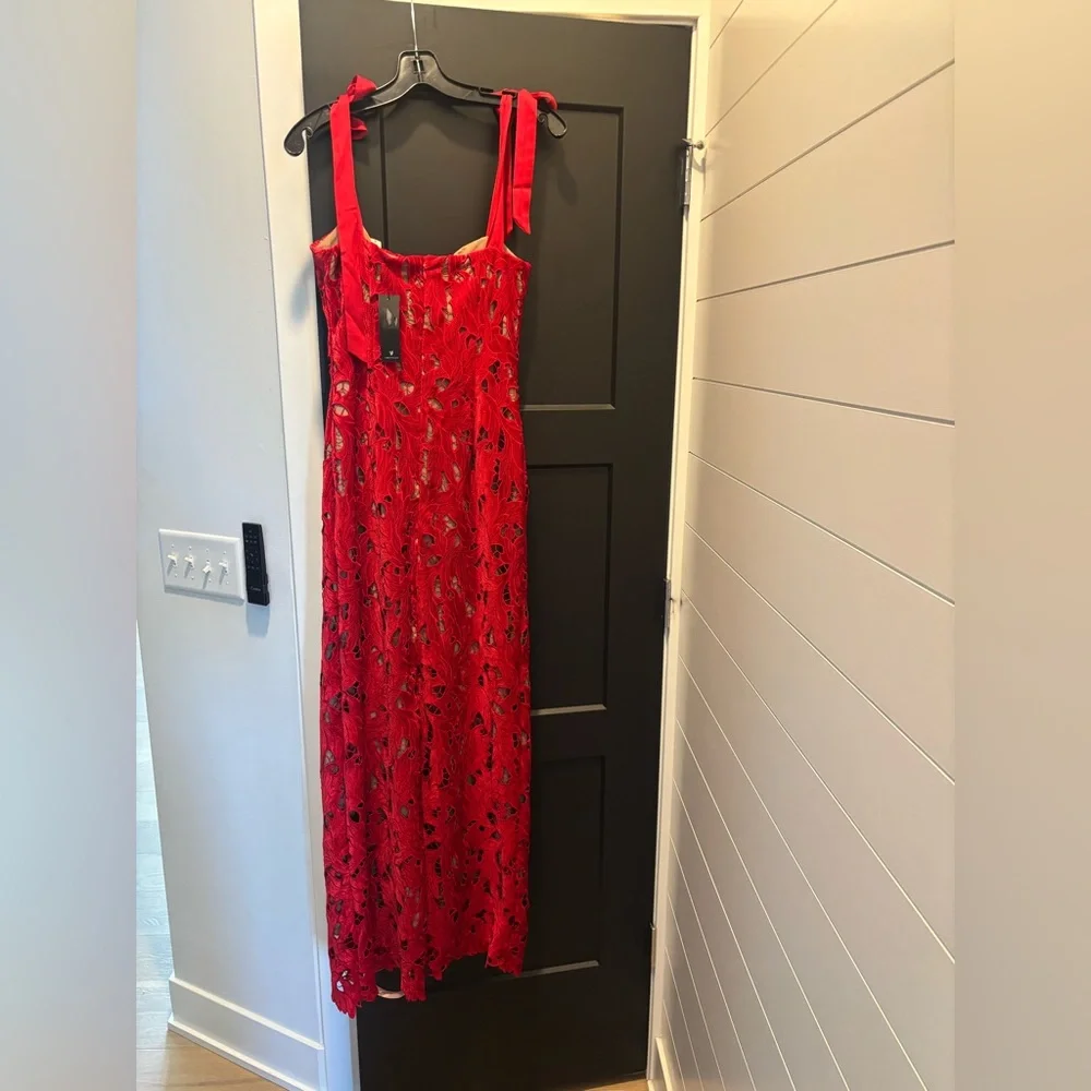 Lulus Ramsey Red Embroidered Tie Strap Maxi Dress Evening Gown Medium NWT NEW - Picture 7 of 12